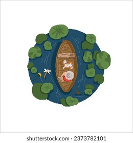 Illustration vector graphic of someone rowing a canoe on a river, with alot of lotus leaf. Perfect for background website, summer views, etc.