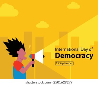 illustration vector graphic of someone using a megaphone in the middle of the city, perfect for international day, international day of democracy, celebrate, greeting card, etc.