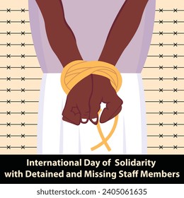 illustration vector graphic of someone's hands are tied with rope, perfect for international day, solidarity with detained, missing staff, members, celebrate, greeting card, etc.