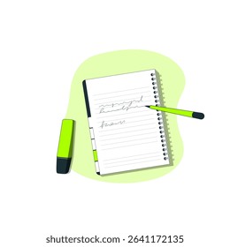 illustration vector graphic of a spiral notebook with handwritten notes, a green pen, and highlighter. perfect for education, study materials, planning, and productivity concepts.