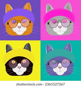 illustration vector graphic of sporty fashion cat with glasses pop art inside frame vector