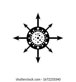 Illustration vector graphic of the spread of the corona virus outbreak in the world. Logo template of globe 
with arrows in all directions and coronavirus inside.  Covid-19 pandemic logo icon.