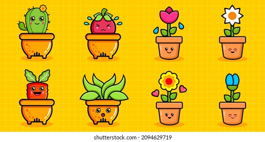 illustration vector graphic of Spring flowers characters with cute emotions cartoon set isolated on a white background for logo symbol