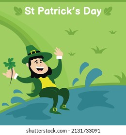 illustration vector graphic of St Patrick slipped and fell into the river, perfect for holiday, religion, church, greeting card, etc.