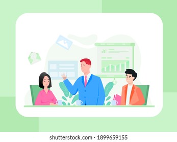Illustration Vector Graphic of Startup, a boss sitting arround table and discussing work issues, this illustration perfect for website, landing page, web, app, and banner