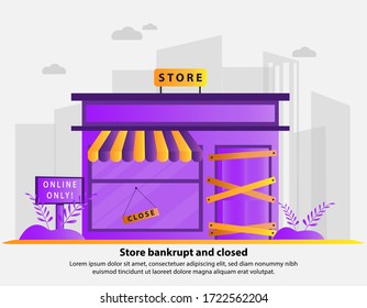 Illustration vector graphic of Store bankrupt and closed. The locked door on a business that has gone bankrupt. closed sign plate on front, store is not working. Virus quarantine of self-isolation.