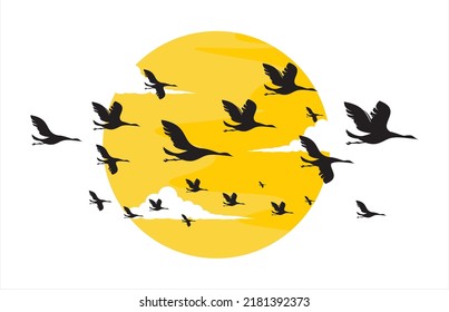 Ilustración vectorial gráfica de cigüeña volando en el cielo al amanecer o al amanecer. Un rebaño de la ilustración vectorial de las cigüeñas voladoras