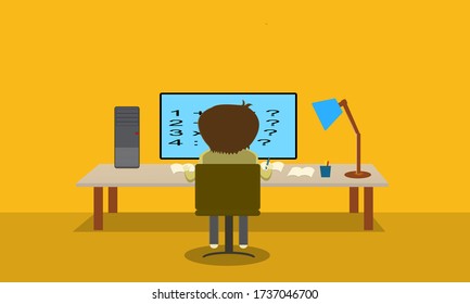 Illustration vector graphic of student study at home. Students learn from home by using computers to study online. Home school education.