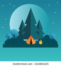 Illustration vector graphic of sumer camp in forest scene in night day,set with trees,moon and stars. Flat design cartoon style use for simple concept design and artwork.