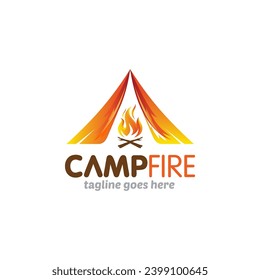 Illustration vector graphic of summer campfire, bonfire burning on firewood with tent in the logo design template