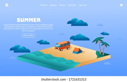 Illustration vector graphic of summer holiday concept, camping on the beach.Isometric style. Perfect for web landing page, holiday banner, holiday poster.etc