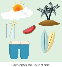 Illustration vector graphic of summer icon in flat style design. palms, surfboards, watermelon, sun, beach shorts, and ice water in a glass.