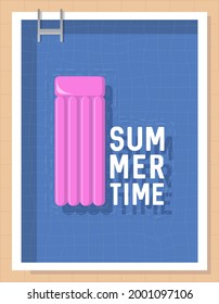 illustration vector graphic of summer time teks with inflatable float on top view of swimming pool background