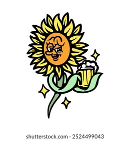 Gráfico del Vector de la ilustración de la ILUSTRACIÓN VECTORIAL del carácter de la historieta de la flor del sol para la Mercancía del diseño de la ropa, tal como logotipos en el empaquetado del producto