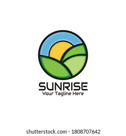 illustration vector graphic of the sun rises in the middle of the rice fields, perfect for nature, garden, farm, ecology, bio