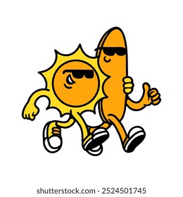 Illustration vector graphic of SUN AND SURF CARTOON CHARACTER VECTOR ILLUSTRATION for apparel design merchandise, such as logos on product packaging