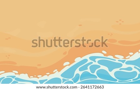 illustration vector graphic of a sunny beach shoreline with ocean waves reaching the sand. perfect for summer, vacation, or travel-themed designs.