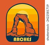 Illustration vector graphic of SUNSET ON ARCHES NATIONAL PARK for apparel design merchandise, such as logos on product packaging