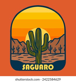 Illustration vector graphic of SUNSET ON SAGUARO NATIONAL PARK for apparel design merchandise, such as logos on product packaging