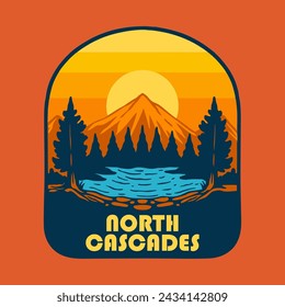 Illustration vector graphic of SUNSET ON NORTH CASCADES NATIONAL PARK for apparel design merchandise, such as logos on product packaging