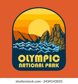 Illustration vector graphic of SUNSET ON OLYMPIC NATIONAL PARK for apparel design merchandise, such as logos on product packaging