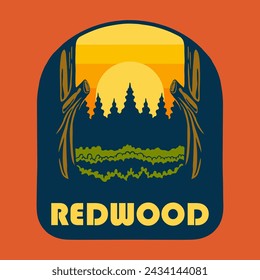 Illustration Vektor-Grafik von SUNSET ON REDWOOD NATIONAL PARK für Bekleidungsdesign-Waren, wie Logos auf Produktverpackungen
