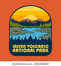 Ilustración Vector gráfico de SUNSET ON LASSEN PARQUE NACIONAL VOLCÁNICO para la Mercancía de diseño de prendas de vestir, como logotipos en el embalaje del producto