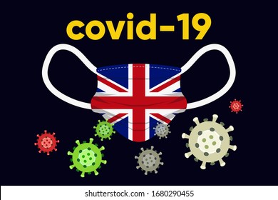Ilustración vectorial gráfico de máscara quirúrgica con la bandera del Reino Unido y el concepto de virus de la corona. Enfermedad de Coronavirus Wuhan Sars.Concepto de cuarentena del coronavirus. covid-19.
