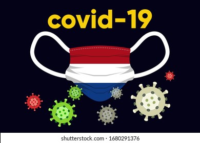 Ilustración vectorial gráfico de máscara quirúrgica con bandera holandesa y diseño de concepto de virus corona. Enfermedad de Coronavirus Wuhan Sars.Concepto de cuarentena del coronavirus. covid-19.