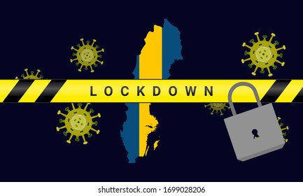 Illustration Vektorillustration Grafik von Schweden Lockdown. Illustration von Sperrband und Vorhängeschloss. Ausbruch von Coronavirus. Das Verlassen des schwedischen Landes ist verboten. Vektorillustration, Abbildung EPS10.covid-19.