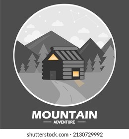 ilustración vectorial de símbolo de viaje de montaña. Emblema de aventura al aire libre de camping, placa y parche de logotipo. Turismo de montaña, senderismo. Etiqueta de campamento de la jungla en estilo vintage
