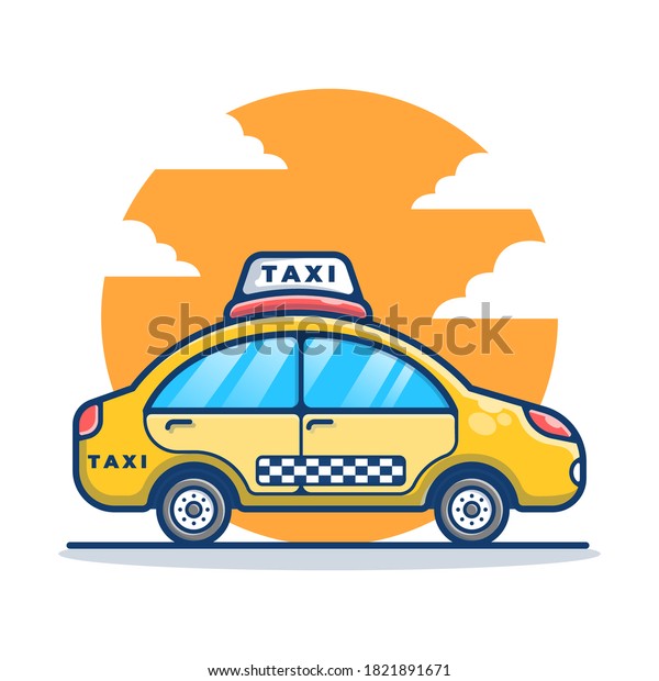Illustration\
vector graphic of Taxi Car Transportation.Taxi with Clouds\
Silhouette in background. Flat cartoon style perfect for sticker,\
wallpaper, icon, landing page,\
website.