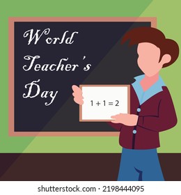 illustration vector graphic of a teacher holding a small board, displaying a blackboard background, perfect for international day, world teacher's day, celebrate, greeting card, etc.