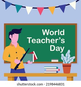 illustration vector graphic of a teacher holding a stick and a book, showing a book and a potted plant on the table, perfect for international day, world teacher's day, celebrate, greeting card, etc.