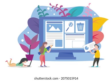 ilustración vector gráfico de un equipo está trabajando en el diseño de un sitio web utilizando su dispositivo, perfecto para tecnología, internet, computadora, programador, negocios, etc.

