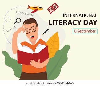 illustration vector graphic of a teenager is thinking while reading a book, perfect for international day, international literacy day, celebrate, greeting card, etc.