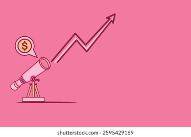 Illustration Vector Graphic of a telescope with a dollar sign and upward arrow, set on a pink background with a copy space area. Perfect for financial growth, investment, and business concept designs.