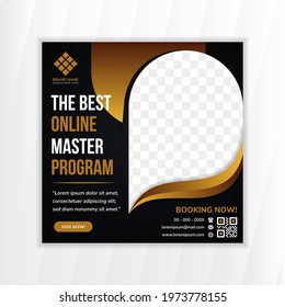 Illustration vector graphic template of The best online master program social media post. combination gold and black color. Diagonal line pattern element in square layout banner. 