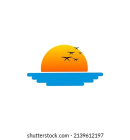 Illustration vector graphic of template logo sunset in the sea with flying bird