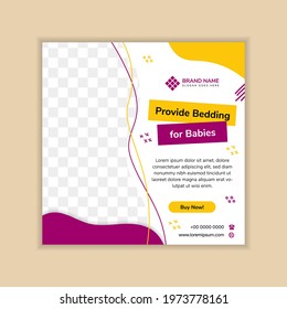 Illustration vector graphic template of provide bedding for babies. combination purple and yellow color isolated in a white background. wave memphis style with square layout banner. 