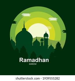 Illustration Vektor Grafik der Vorlage zu begrüßen ramadan heiligen Monat der Insel mit grünem Wald und Berg, Moschee Silhouette und einfache Typografie ramadhan Kareem. Perfekt für das Konzept von Bannern