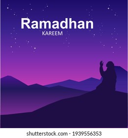 Illustration Vector Graphic of template to welcome ramadan holy month of islam with man pray at night on ramadhan kareem. Perfect for Concept of banner and promotion
