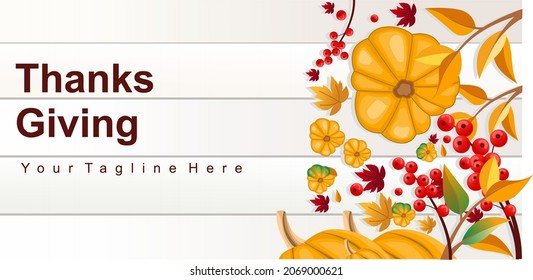 Illustration Vector Graphic of Thanksgiving, Thanksgiving Banner with copy space, berries and leaves on a white wooden background, Flat lay autumn composition with copy space