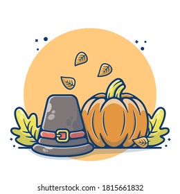 Illustration vector graphic of Thanksgiving Day. Autumn concept with Pumpkin and peasant hat. Flat cartoon style perfect for sticker, wallpaper, icon, landing page, website
