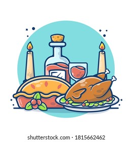 Illustration vector graphic of Thanksgiving Day. Turkey Day. Roasted Turkey Bird and Pie Cake. Flat cartoon style perfect for sticker, wallpaper, icon, landing page, website