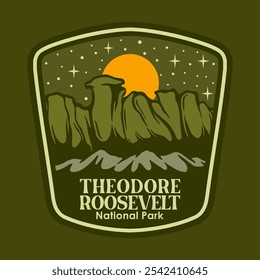 Ilustração vetorial de THEODORE ROOSEVELT AT THE NIGHT NATIONAL PARK BADGE LOGO DESIGN VETOR ILUSTRAÇÃO para produtos de design de vestuário, como logotipos em embalagens de produtos
