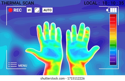 Illustration vector graphic of thermal Image Scanning Human hands and finger on blurred background. Electromagnetic spectrum. infrared color. infrared color scale. vector EPS 10.
