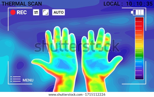Illustration\
vector graphic of thermal Image Scanning Human hands and finger on\
blurred background. Electromagnetic spectrum. infrared color.\
infrared color scale. vector EPS\
10.\
