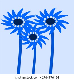 illustration vector graphic of three blue sunflowers with sprigs concept design