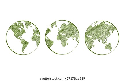Illustration vector graphic of three earth globes with a hand-drawn green scribble texture, perfect for environmental themes, global business concepts, and ecology-focused graphic designs.